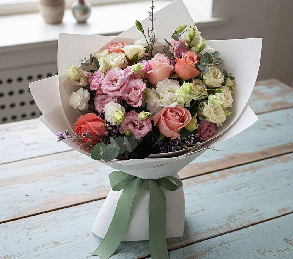 Букет цветов из: Розы, Лизиантусы и Гвоздики в Мищенском