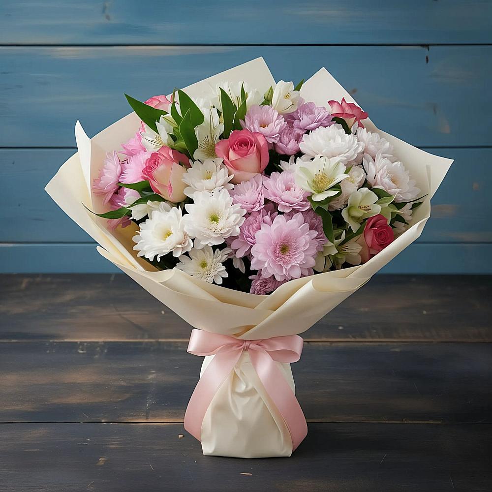 Букет цветов из: Хризантемы, Альстромерии и Розы в Мищенском